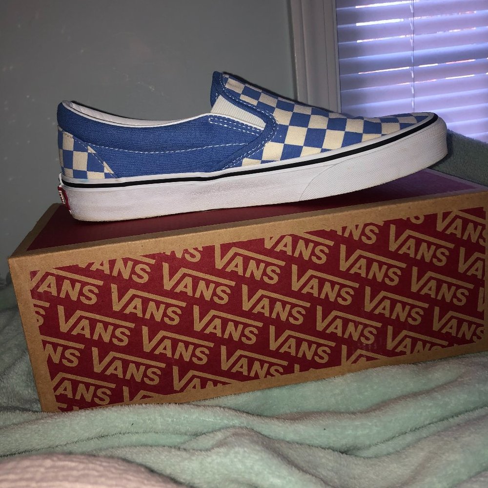 Indigo Blue Checkerboard Slip-On Vans